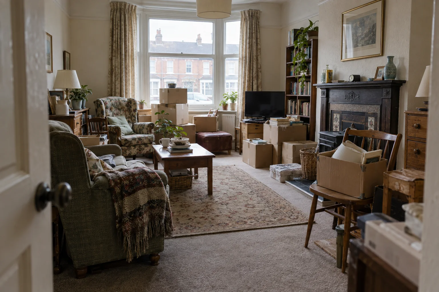 Illustrative living room with furniture and boxes for a house clearance